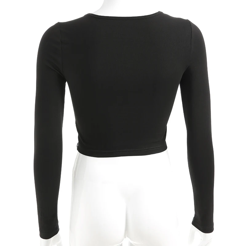 Weekeep, женская черная футболка с квадратным воротником, обрезанная повязка, открытая футболка с длинным рукавом, высокая уличная футболка, женская укороченная футболка