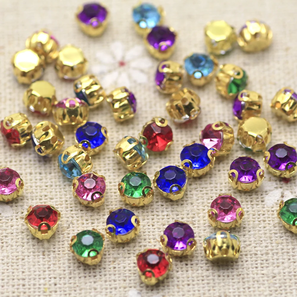 50pcs Mix Color Colorful Round Sew On Rhinestone Gold Base Claw Setting Flat back Fancy Stone