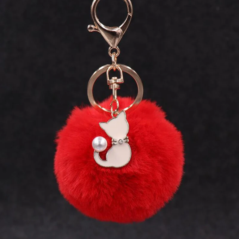 

10pcs/lot Girls Fashion Jewelry Keychains Bag Decorations Plush Balls With Cat Pendant Key Ring For Women Accessories