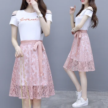 

Elegant Off Shoulder White Long Shirts Lace Pink Skirts Women Letter Transparent Summer New High Waist 2 Piece Set Woman Summer