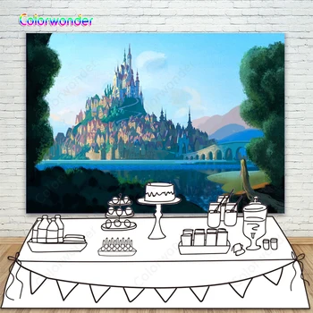 

Oil Painting Photography Background Colorful Castle Building on A Island with Bridge 7x5ft Princess Rapunzel Backdrops for Kids