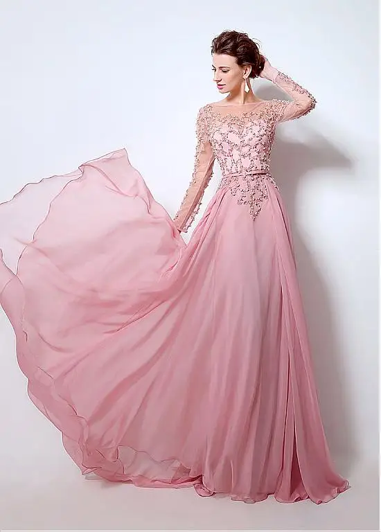 New 2017 Blushing Pink Sparkly Beaded A-line Chiffon Prom Dresses Long Sleeves Sheer Real Evening Gowns vestido de festa | Свадьбы и