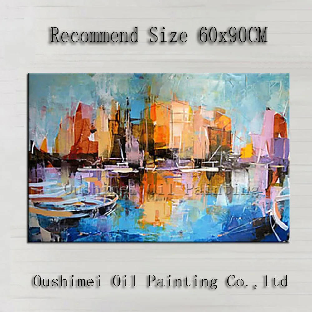 

Knife Painting Hand-painted Abstract Building by the Sea Oil Painting On Canvas Handmade Cityscape Oil Painting Decoration