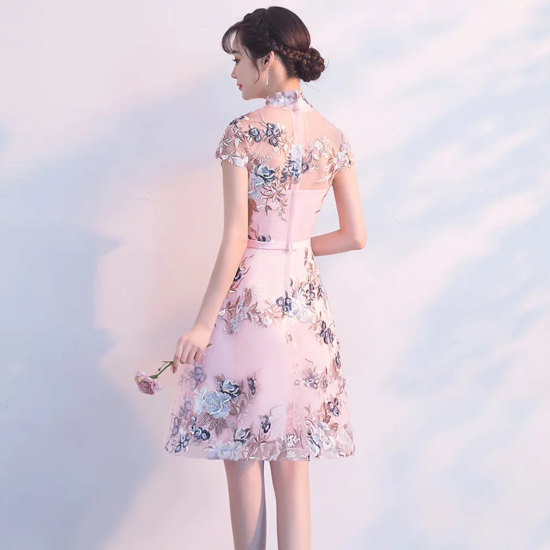 Розовое короткое тонкое платье Чонсам модное женское традиционное китайское свадебное платье Qipao Вышивка восточные воротники китайская невеста