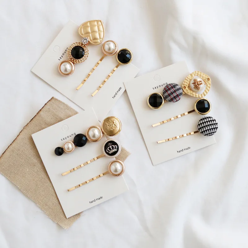 

Japanese ins popularity hairpin combination hairdressing feminine temperament thousand bird lattice button pearl edge clip
