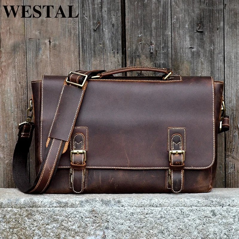 

WESTAL Genuine Leather Briefcase Fashion Handbags for Man Documents Bag for Men Travel Bags Men Leather Laptop Bag Briefcases