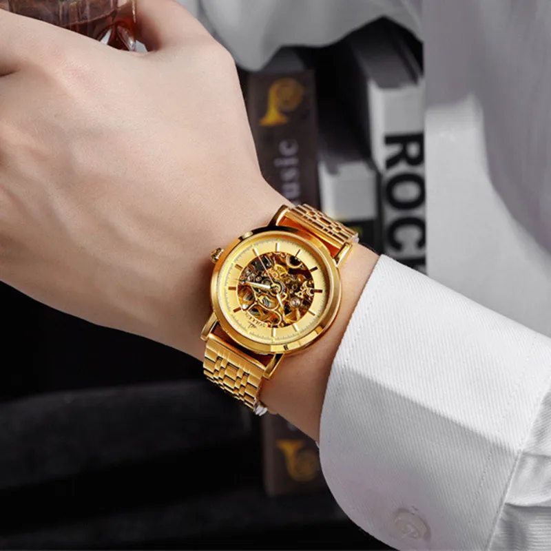 

SOLLEN Mechanical Watches Men Skeleton Gold Watch Automatic Mechanical Men Watches Waterproof Self-winding Clock Stainless Steel