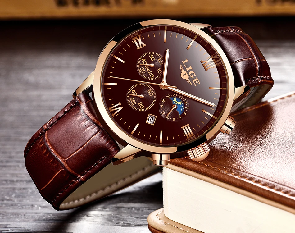 LIGE Mens Watches Top Brand Luxury Fashion Watch Men Leather Quartz Clock For Male Auto Date Rose Gold Shell relogio masculino