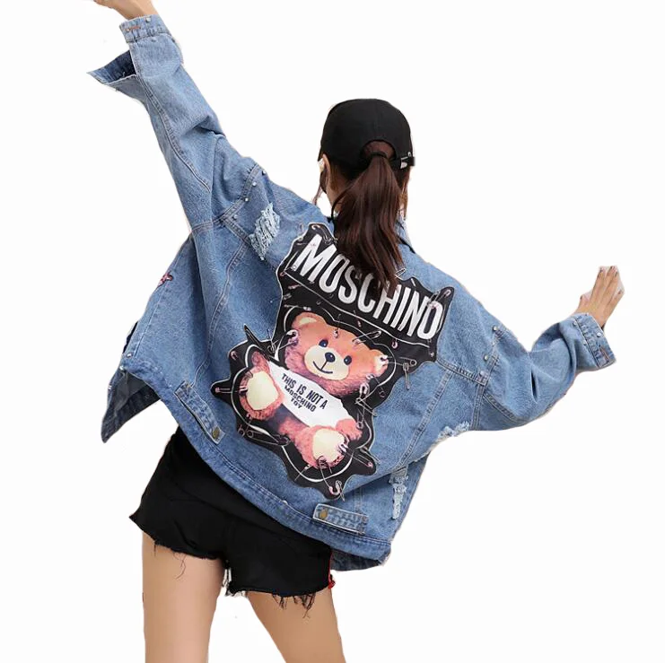 

#3101 2019New Denim Jacket Women Sequins Pearls Punk Batwing Sleeve Loose Vintage Streetwear Jeans Jackets Coat Ladies Plus Size