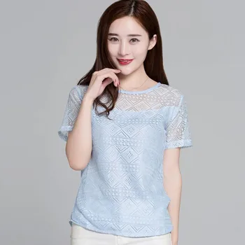 

Summer Women Elegant Lace Blouse Femme Short Sleeve Blusas Feminina Hollow Out Blouses Shirts Tops 4 Colors