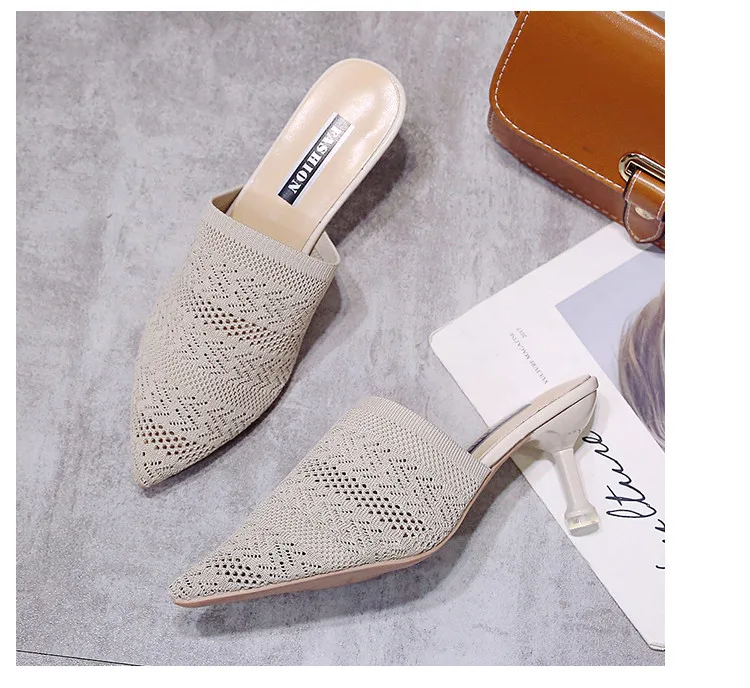 Summer Pointed Toe Women Sandals High Heels Yellow Fashion Slip On Mules Hollow Fabric Slides Thin Heels Slipper Sandalias Mujer