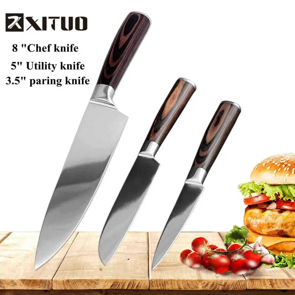 XITUO, набор кухонных ножей, острый японский сантоку, кухонные ножи из нержавеющей стали, набор кухонных ножей шеф-повара, нож для очистки овощей, кухонные инструменты - Цвет: 3 PCS set C
