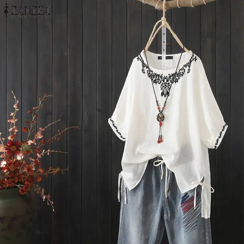 

2019 Plus Size ZANZEA Women Lace-Up Shirt Summer Short Sleeve Cotton Split Party Blouse Embroidered Tunic Tops Female Blusas