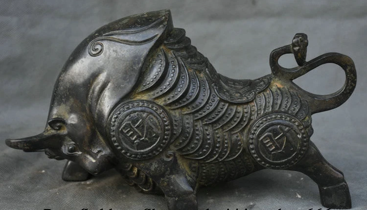 10.6&quot Old Chinese Pure Bronze Feng Shui Bull Oxen Cattle Coins Wealth Statue | Дом и сад