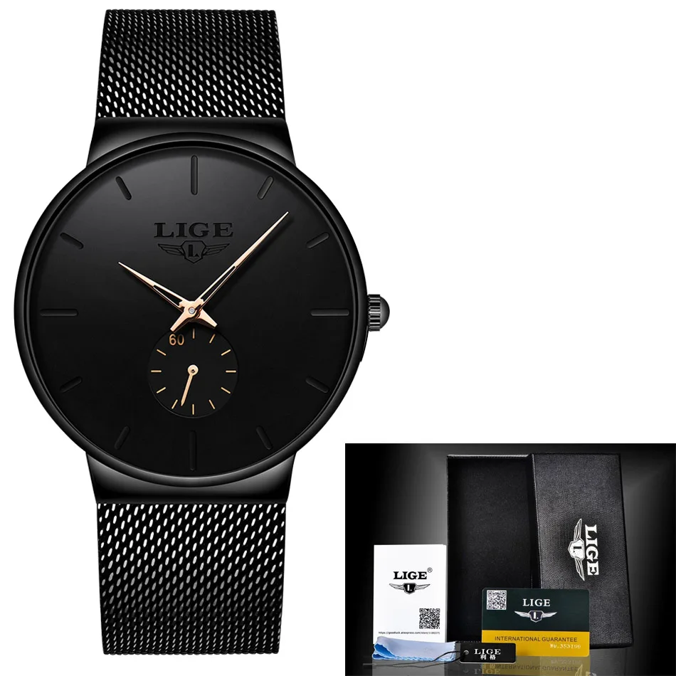 Пара комплектов, часы LIGE для мужчин s, деловые часы, Роскошные водонепроницаемые спортивные часы для мужчин, модные женские часы, кварцевые тонкие сетчатые часы - Цвет: Black Gold