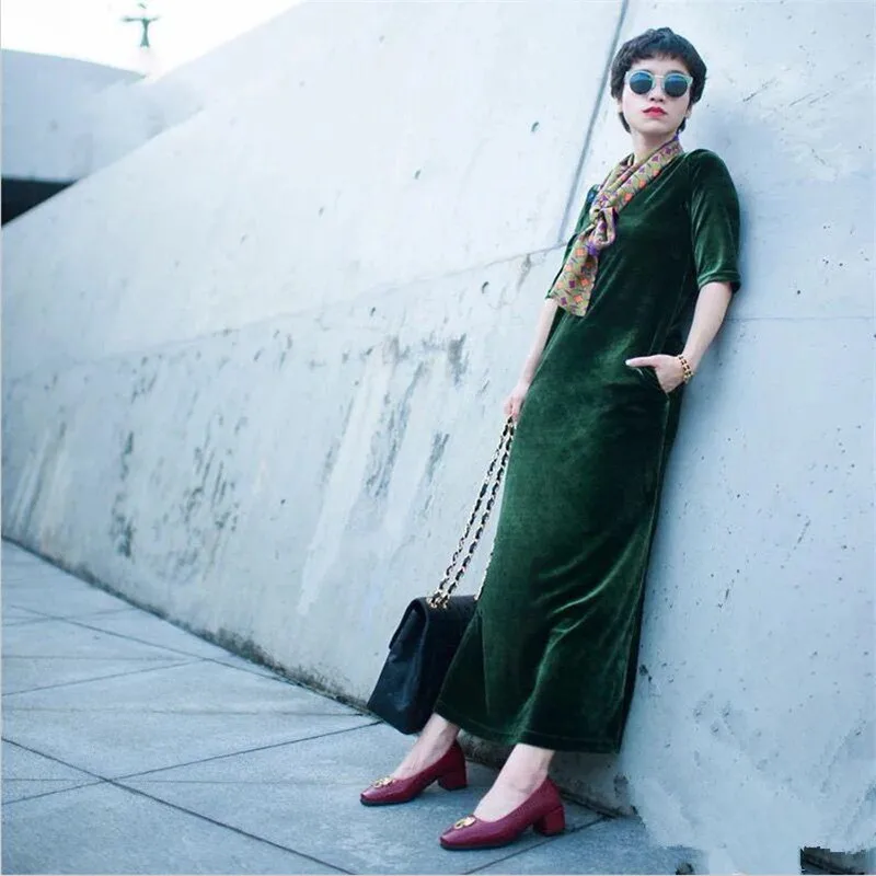 

Plus size M-6XL 7XL Women half sleeve fashion long velvet dress,Spring Autumn sexy women office velour dress black green blue