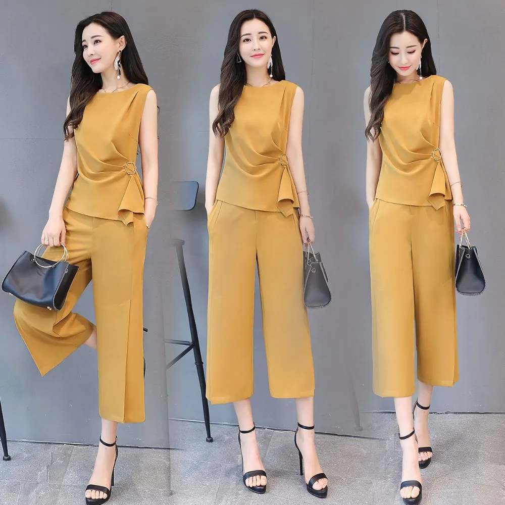 

2019 Women Summer Fashion floral Suits Elegant Office Lady Casual 2 pieces set short sleeve chiffon Tops blouse and split Pants