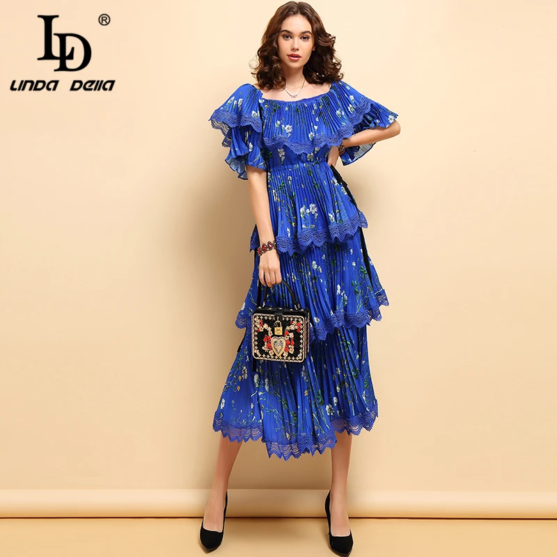 LD LINDA DELLA Lente Mode Jurk vrouwen Vlinderdas Vintage Geplooide Bloemen Gedrukt Hollow Out Elegante Partij Cupcake Jurken 2019 LD LINDA DELLA Lente Mode Jurk vrouwen Vlinderdas Vintage Geplooide Bloemen Gedrukt Hollow Out Elegante Partij Cupcake Jurken 2019