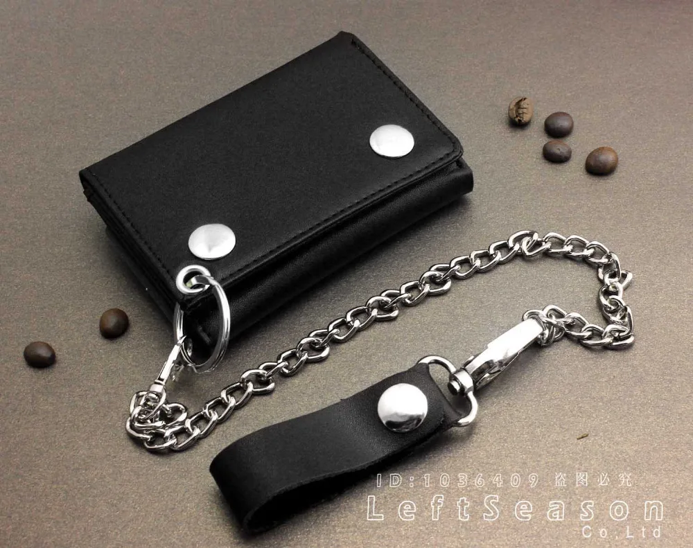 

Mens Boys Trifold Biker Trucker Real Leather Wallet with Belt Clip Long Chain