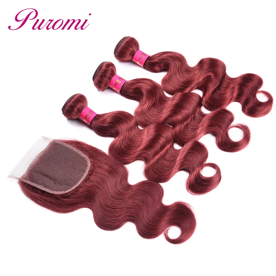 Puromi Indian Body Wave 3 Bundles with Lace Closure Pure Color #33 Non Remy 100% Human Hair Free Shipping | Шиньоны и парики