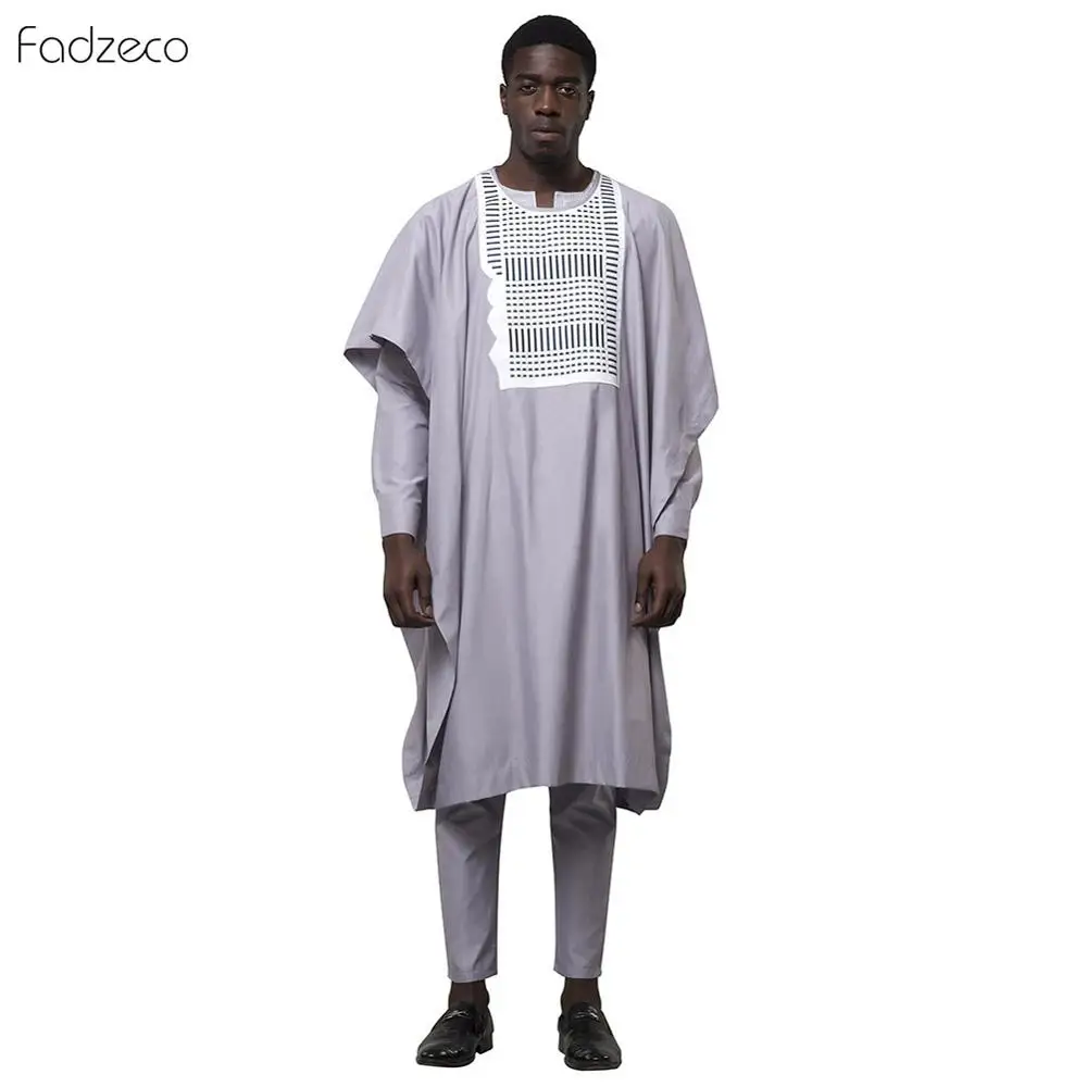 Fadzeco Agbada Мужская африканская 3 шт размера плюс Дашики белая вышивка Приталенный топ рубашка и брюки традиционная африканская одежда - Цвет: Grey