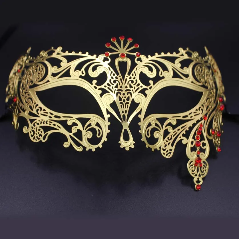 Luxury Gold Red Rhinestones Metal Masks Laser Cut Silver Ball