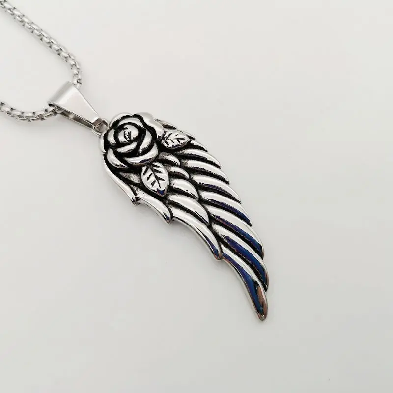 

Vintage silver color stainless steel Rose Feather pendant necklace Gothetic Rock angel wing feather necklace fashion BLKN0011