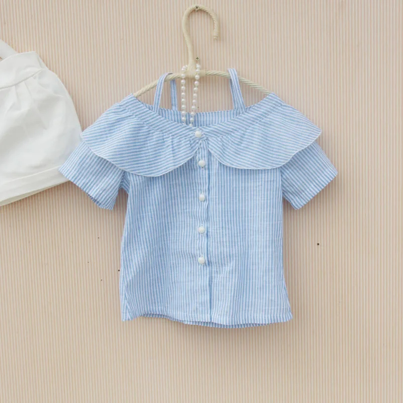 Новое поступление, летняя блузка для девочек, хлопок, подростковые школьные блузки для девочек белые рубашки с открытыми плечами для девочек, топы в синюю полоску - Цвет: Синий