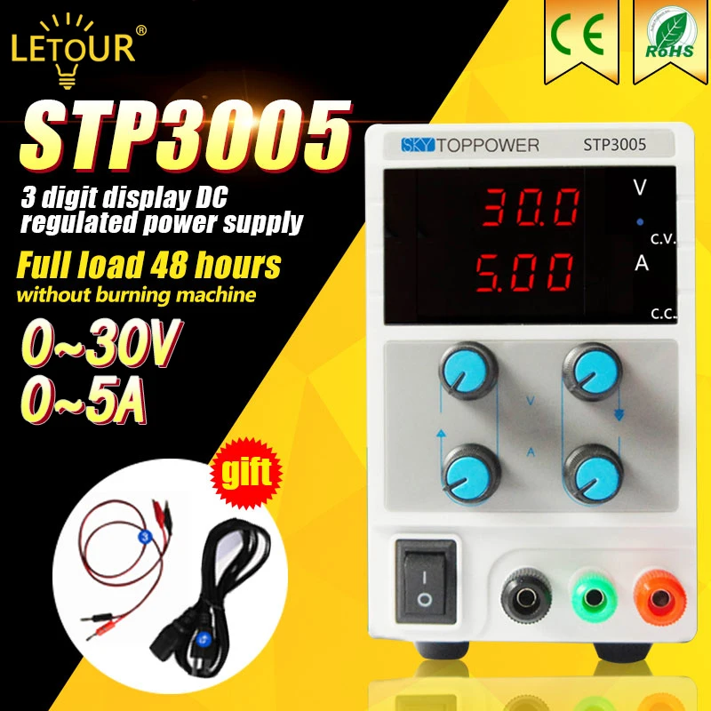 

Laboratory Power Supply 30V 5A Voltage Regulator Adjustable DC Power Supply 150W Foot Power with Alligator Cable,AC Power Cord