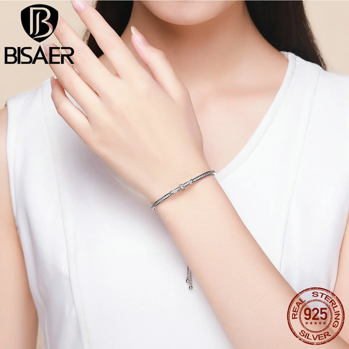 Браслет bisaer& Bangle, подлинный, 925 пробы, серебряный, сверкающий, ослепительный, с бантом, на половину, браслет для женщин, для свиданий, GXB108