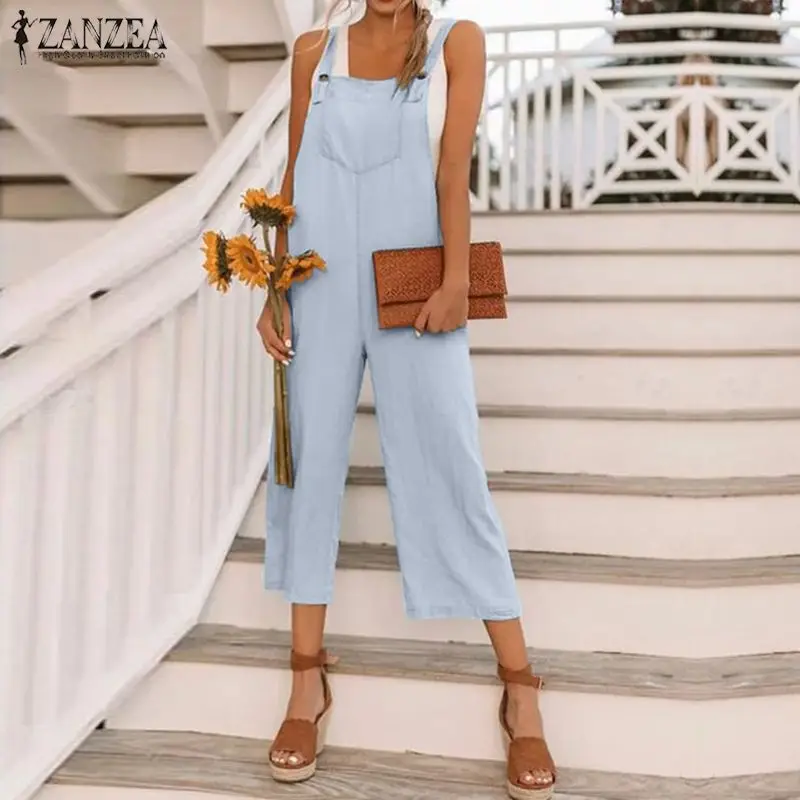 

2019 Plus Size ZANZEA Women Strap Jumpsuits Cropped Pants Linen Overalls Work OL Rompers Female Macacao Solid Feminino Playsuits
