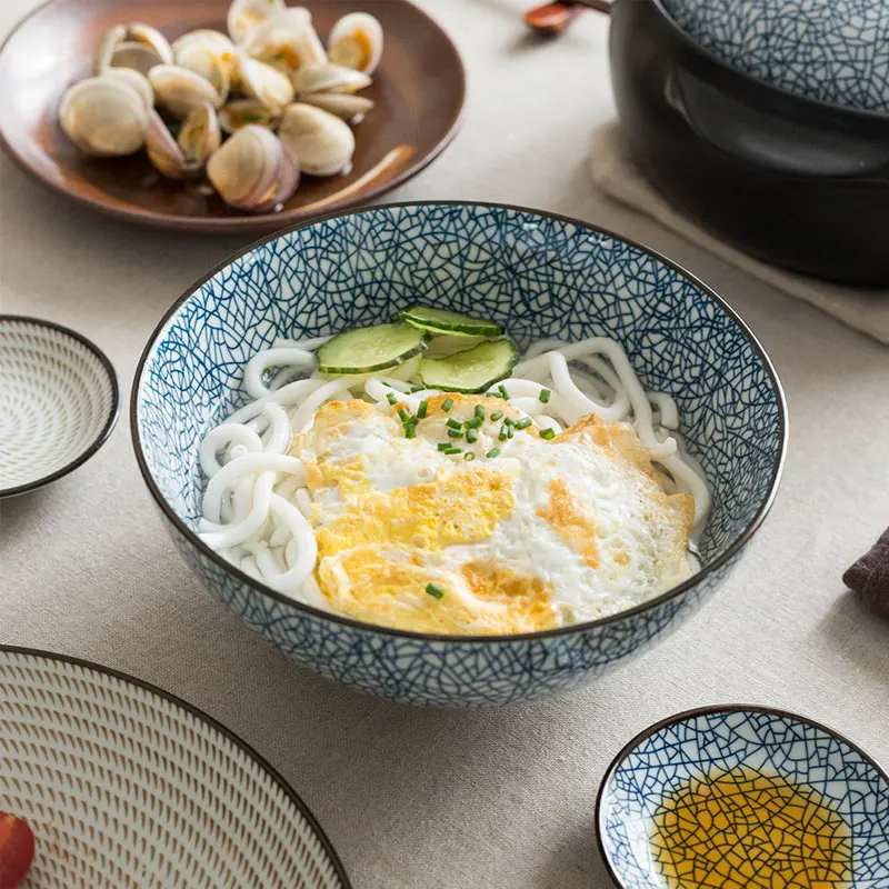 KINGLANG, японский стиль, Классическая Керамическая Сине-белая кухонная миска для риса, большая миска для супа Ramen, ложка, маленькая чайная посуда