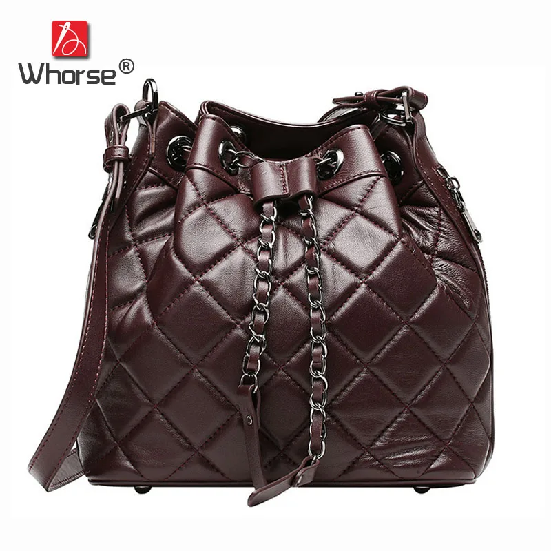 

Brand Luxury Sheepskin Bucke Bag Drawstring Women Chain Plaid Quilted Genuine Sheep Leather Shoulder Messenger Bags W07920