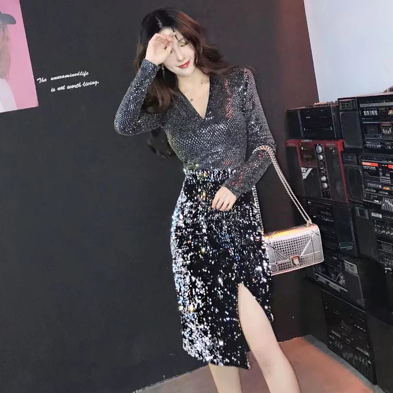 Spring Asymmertrical Sequined Empire Skirt Sexy Mid calf Party Black ...