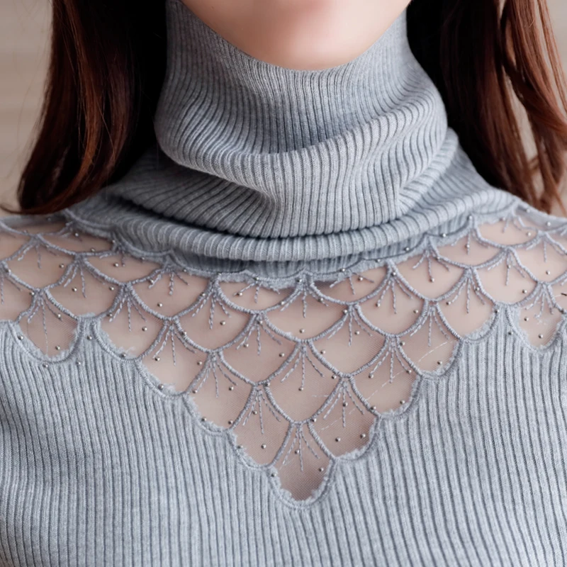 turtleneck sweater women 2016 autumn winter new style pullover lace knitted shirts sexy see through splice tops sweaters Blusas