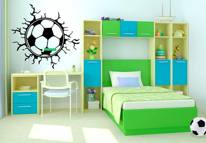 QF19 3D Football Soccer Playground Broken Wall Hole Window View Home Decals Sticker for Boys Room Sports Decor Mural | Дом и сад