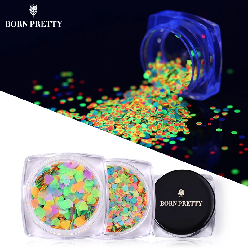 BORN PRETTY Neon Nail блестки Зеленый цвет флуоресцентный эффект Сердце Круглый смешанный узор 3D дизайн ногтей украшение светится в темноте