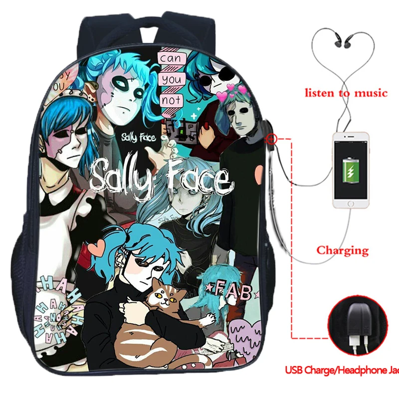 Sally Face USB зарядка школьные сумки подростковый рюкзак для ноутбука Хип-Хоп сумка повседневные дорожные сумки 16 дюймов Mochila - Цвет: 19