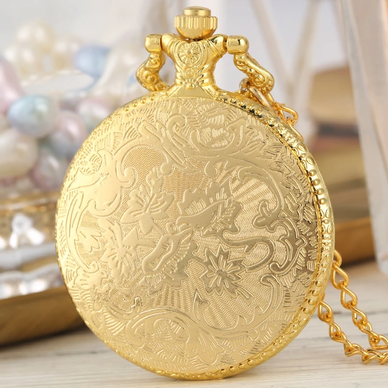 Royal Gold Shield Crown Pattern Quartz Pocket Watch Necklace - Luxury Steampunk Pendant Collectible Jewelry Gift
