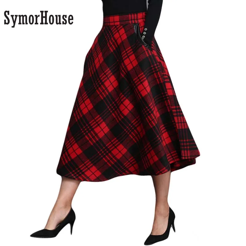2017 otoño elástico de cintura alta falda larga a cuadros de lana faldas las mujeres de LA PU patchwork Bolsillos winter Warm vintage OL Una Línea faldas