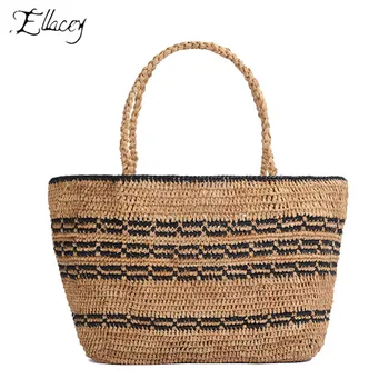 

New Striped High Capacity Women'S Handbag Real Handmade Lafite Shoulder Bag Seaside Vacation Travel Beach Knitting Straw Bag