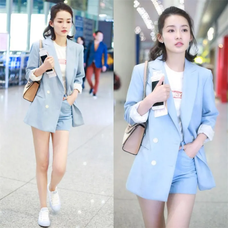 Spring 2019 Star Suit with The Same Suit, Cotton and Hemp Suit Jacket Women Jackets and Coats Button Notched Double Breasted