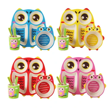 

Cute 5pcs/set owl baby Plate bow cup Forks Dinnerware feeding Set bamboo fiber Baby children Plate lunch box tableware
