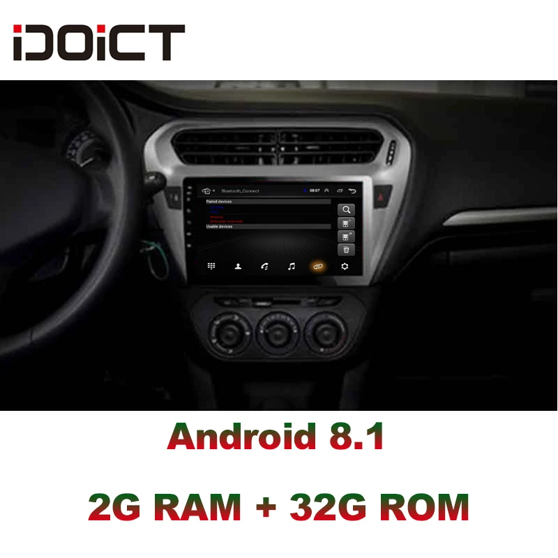 Best IDOICT Android 8.1 IPS 2G+32G  Car DVD Player GPS Navigation Multimedia For peugeot 301  Citroen Elysee Radio 2013-2016 2