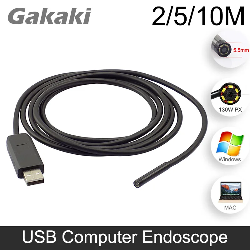 Gakaki 6 светодиодных USB Видеокамеры Водонепроницаемый эндоскопа бороскоп инспекции видео Змея пробки мини Камера 5.5 мм Диаметр 2/5 /10 м объектив