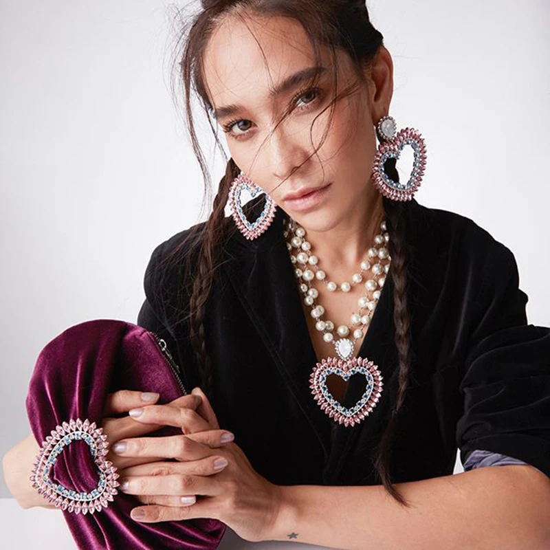 Rongho бренд Кристалл из опала большое сердце серьги гвоздики для женщин серьги в стиле хип-хоп модное украшение со стразами сердце кулон brincos