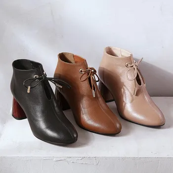 

GPOKHDS 2019 women ankle boots soft Cow leather winter short plush lace up camel color square toe high heels boots size 34-40