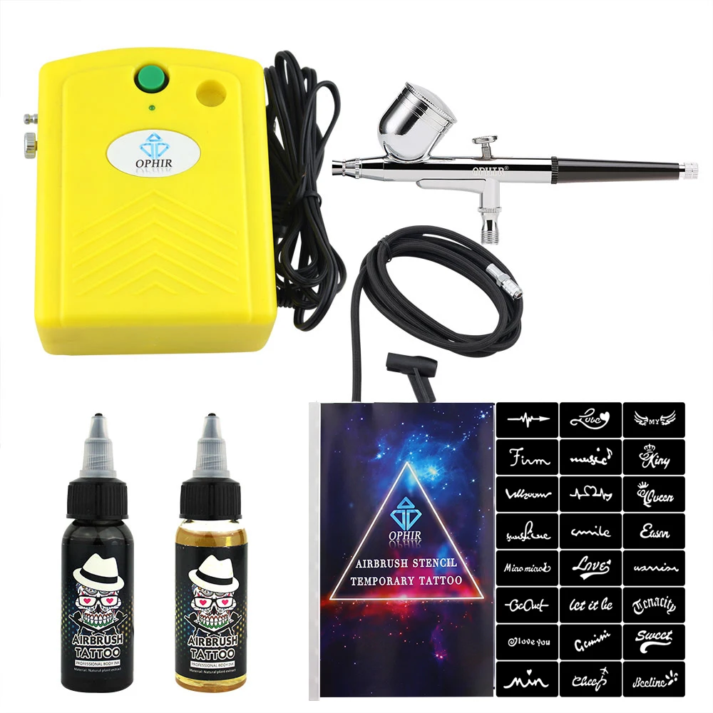 OPHIR Airbrush Kit with Air Compressor 20 Stencils Black Ink Finalized Ink for Body Painting Temporary Body Art Tattoo _OP-BP004 OPHIR Airbrush Kit with Air Compressor 20 Stencils Black Ink Finalized Ink for Body Painting Temporary Body Art Tattoo _OP-BP004