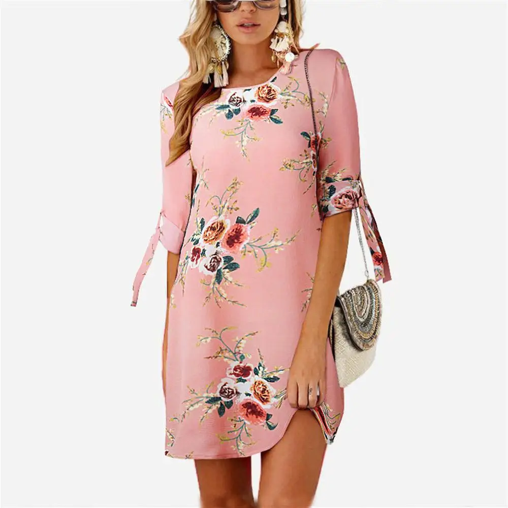 Женское летнее платье в стиле бохо, шифоновое пляжное платье с цветочным принтом, туника, сарафан, свободное Мини платье для вечеринки, vestidos размера плюс 5XL