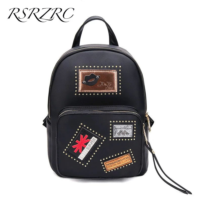 

2017 Lady PU Leather Small Rivets Backpack Fashion School Students Leisure Travel Backpack Women Cool Letter Backpack